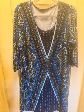 NY Collection Blue Geometric V-Neck Tunic